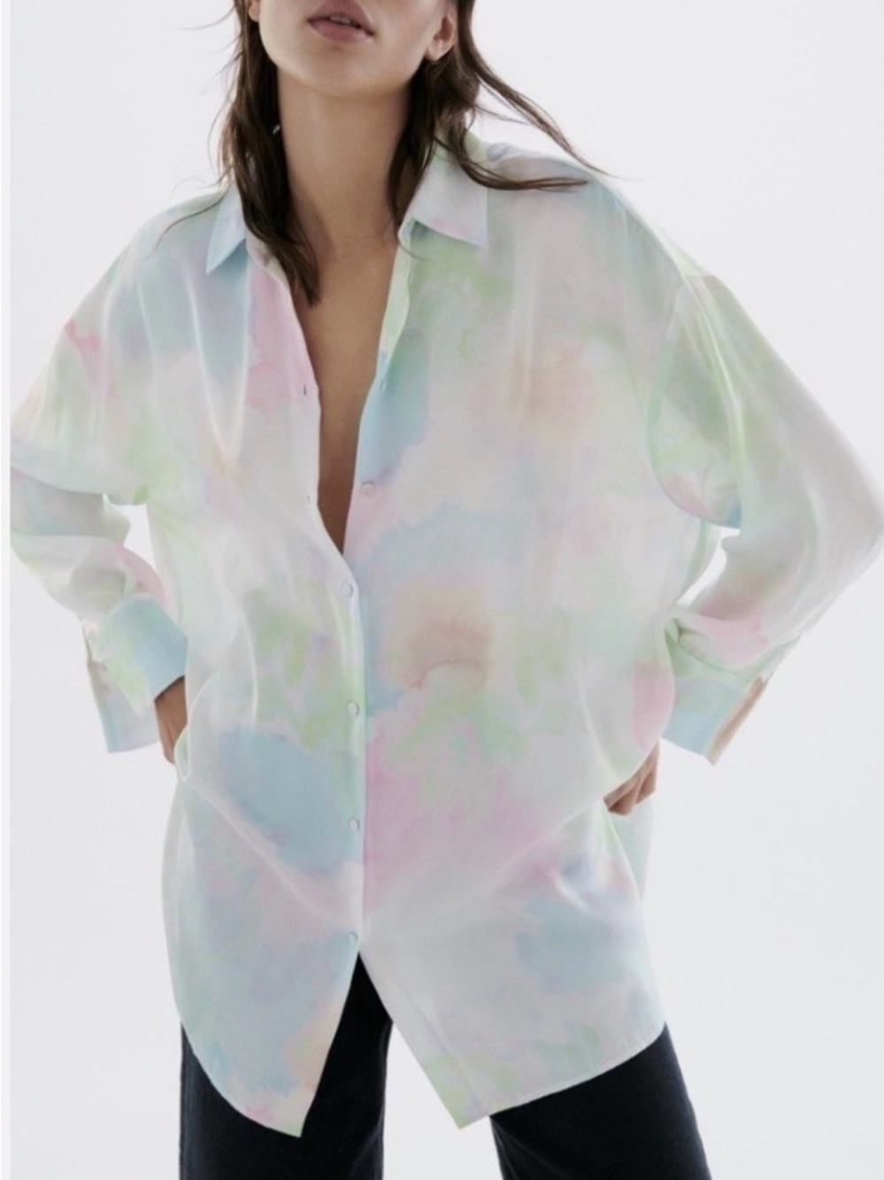 Zara Tie Dye Pastel Oversized Button Down Blouse Silk Satin Effect